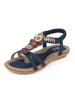 SHIBEVER Summer Flat Gladiator Sandals for Women Comfortable Casual Beach Shoes Platform Bohemian Beaded Flip Flops Sandals