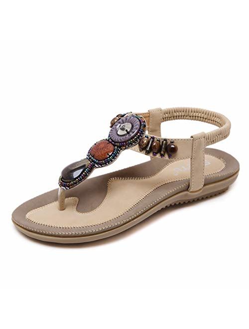 SHIBEVER Summer Flat Gladiator Sandals for Women Comfortable Casual Beach Shoes Platform Bohemian Beaded Flip Flops Sandals