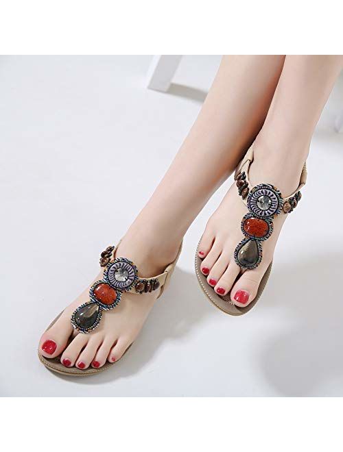 SHIBEVER Summer Flat Gladiator Sandals for Women Comfortable Casual Beach Shoes Platform Bohemian Beaded Flip Flops Sandals