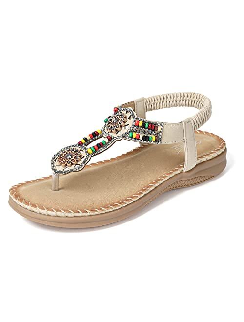 SHIBEVER Summer Flat Gladiator Sandals for Women Comfortable Casual Beach Shoes Platform Bohemian Beaded Flip Flops Sandals