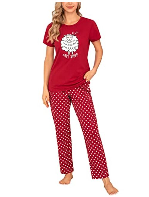 EISHOPEER Women's Pajama Set Cute Printed Cotton Top and Pants Sleepwear Pjs Sets