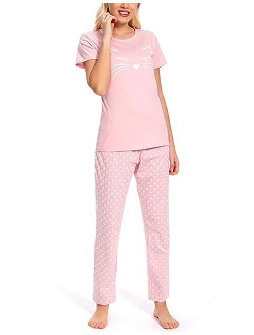 EISHOPEER Women's Pajama Set Cute Printed Cotton Top and Pants Sleepwear Pjs Sets