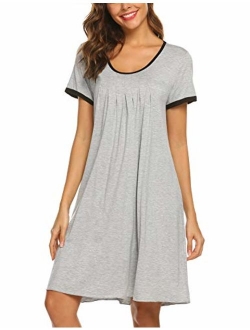 Women's Nightgown Short Sleeve Sleepwear Comfy Sleep Shirt Pleated Scoopneck Nightshirt S-XXL