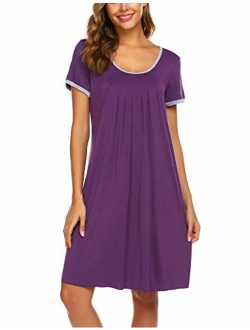 Women's Nightgown Short Sleeve Sleepwear Comfy Sleep Shirt Pleated Scoopneck Nightshirt S-XXL