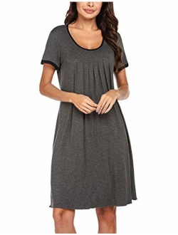 Women's Nightgown Short Sleeve Sleepwear Comfy Sleep Shirt Pleated Scoopneck Nightshirt S-XXL