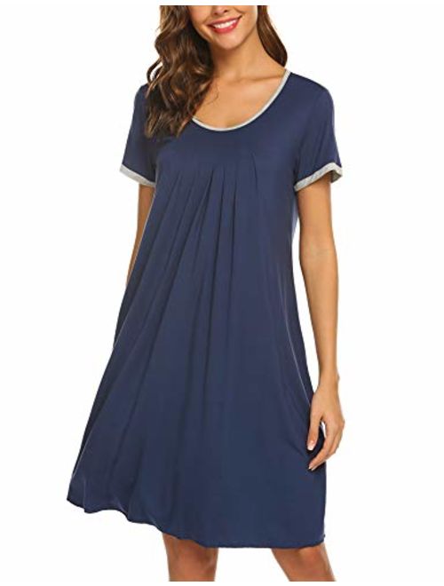 Ekouaer Women's Nightgown Short Sleeve Sleepwear Comfy Sleep Shirt Pleated Scoopneck Nightshirt S-XXL