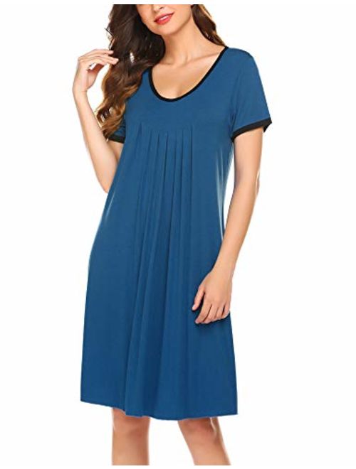 Ekouaer Women's Nightgown Short Sleeve Sleepwear Comfy Sleep Shirt Pleated Scoopneck Nightshirt S-XXL