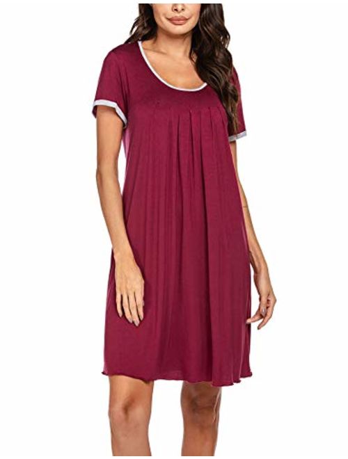 Ekouaer Women's Nightgown Short Sleeve Sleepwear Comfy Sleep Shirt Pleated Scoopneck Nightshirt S-XXL