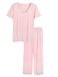 Latuza Women's V-Neck Sleepwear Short Sleeves Top with Pants Pajama Set