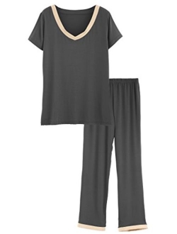 Latuza Women's V-Neck Sleepwear Short Sleeves Top with Pants Pajama Set