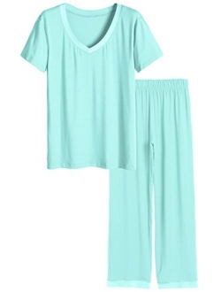 Latuza Women's V-Neck Sleepwear Short Sleeves Top with Pants Pajama Set