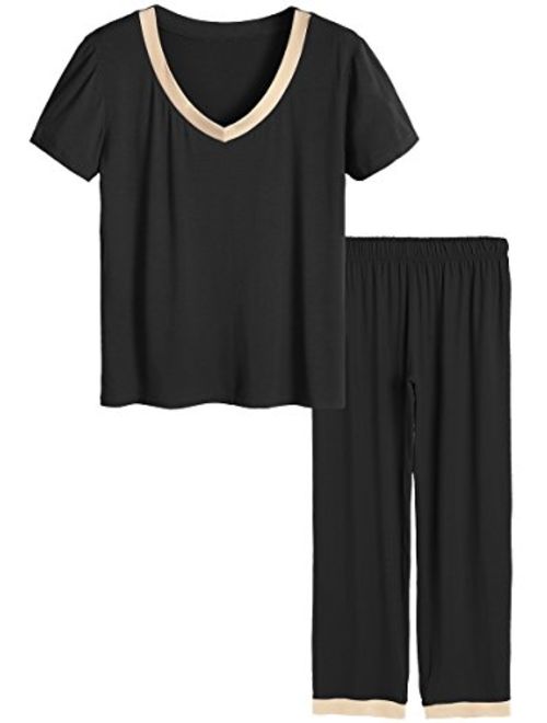 Latuza Women's V-Neck Sleepwear Short Sleeves Top with Pants Pajama Set