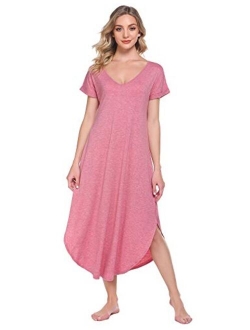 Sleepwear Women's Casual V Neck Nightshirt Short Sleeve Long Nightgown S-XXL