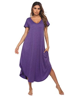 Sleepwear Women's Casual V Neck Nightshirt Short Sleeve Long Nightgown S-XXL