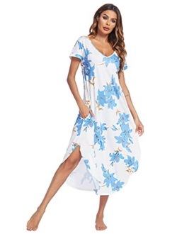 Sleepwear Women's Casual V Neck Nightshirt Short Sleeve Long Nightgown S-XXL