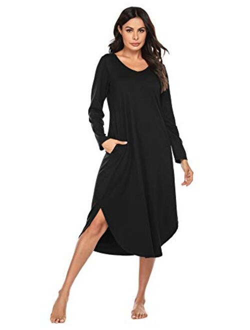 Ekouaer Sleepwear Women's Casual V Neck Nightshirt Short Sleeve Long Nightgown S-XXL