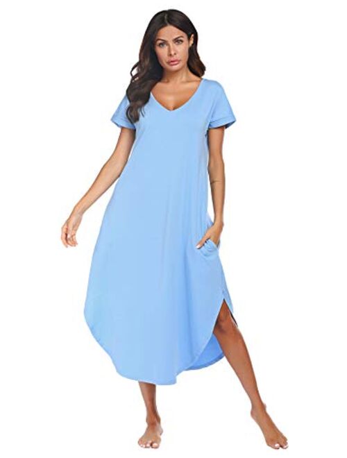 Ekouaer Sleepwear Women's Casual V Neck Nightshirt Short Sleeve Long Nightgown S-XXL