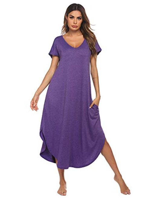 Ekouaer Sleepwear Women's Casual V Neck Nightshirt Short Sleeve Long Nightgown S-XXL