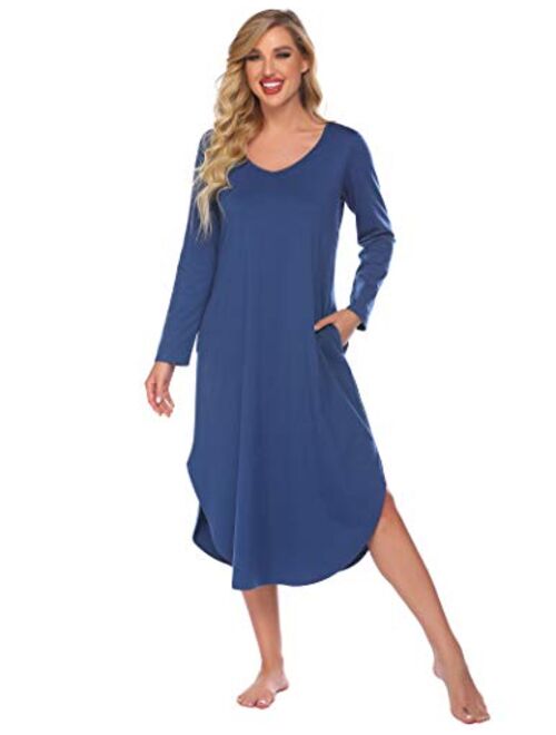 Ekouaer Sleepwear Women's Casual V Neck Nightshirt Short Sleeve Long Nightgown S-XXL