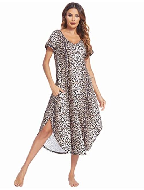 Ekouaer Sleepwear Women's Casual V Neck Nightshirt Short Sleeve Long Nightgown S-XXL