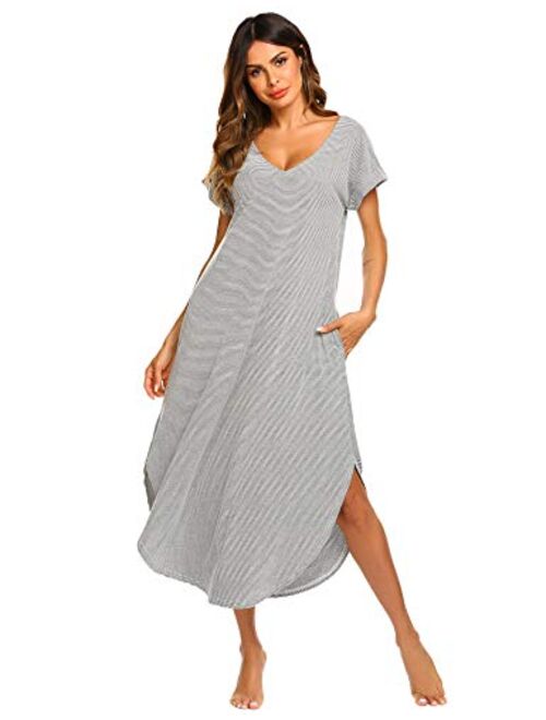 Ekouaer Sleepwear Women's Casual V Neck Nightshirt Short Sleeve Long Nightgown S-XXL