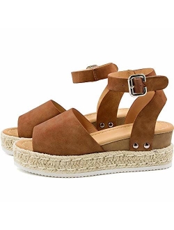 Athlefit Women's Platform Sandals Espadrille Wedge Ankle Strap Studded Open Toe Sandals