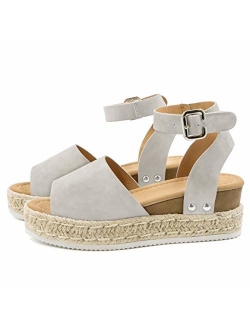 Athlefit Women's Platform Sandals Espadrille Wedge Ankle Strap Studded Open Toe Sandals