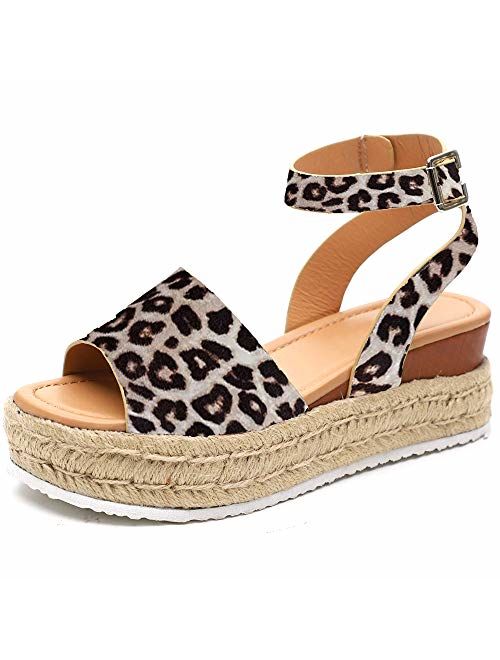 Athlefit Women's Platform Sandals Espadrille Wedge Ankle Strap Studded Open Toe Sandals