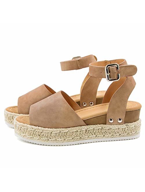 Athlefit Women's Platform Sandals Espadrille Wedge Ankle Strap Studded Open Toe Sandals