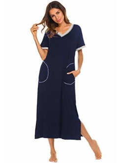 Loungewear Long Nightgown Women's Ultra-Soft Nightshirt Full Length Sleepwear with Pocket