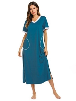 Loungewear Long Nightgown Women's Ultra-Soft Nightshirt Full Length Sleepwear with Pocket