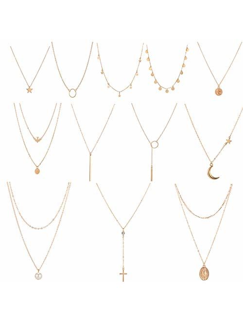 Dremcoue 12 Pcs Layered Choker Necklace for Women Girls Handmade Dainty Chain Necklace Set Pearl Coin Circle Bar Moon CZ Star Pendant Necklace