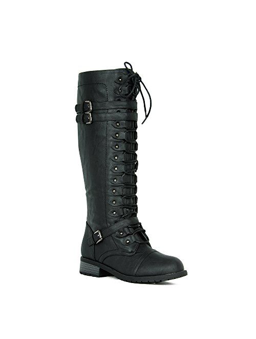 WEST Coast Women's Knee High Riding Boots Lace Up Buckles Winter Combat Boots