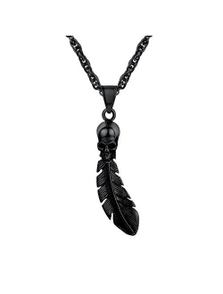 Skull Bullet Necklace/Skull Feather Necklace/Skull Necklace, Stainless Steel Gothic Punk Statement Jewelry for Men/Women, Come Gift Box