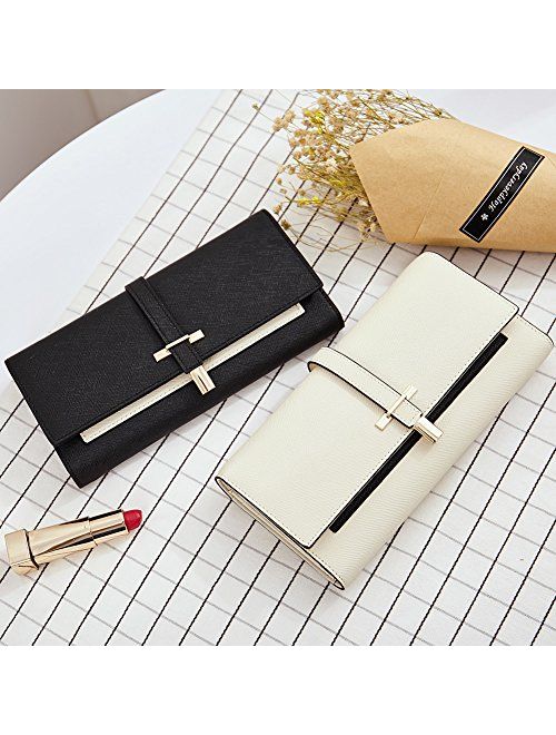 Leather Wallet for Women Slim Clutch Long Designer Trifold Ladies Credit Card Holder Organizer