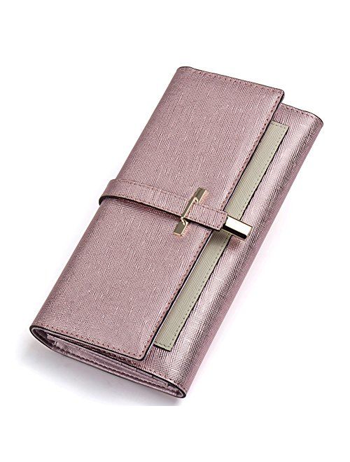 Leather Wallet for Women Slim Clutch Long Designer Trifold Ladies Credit Card Holder Organizer