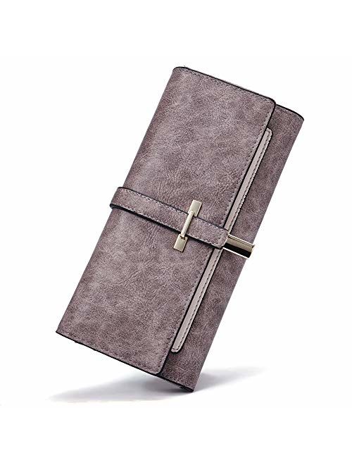 Leather Wallet for Women Slim Clutch Long Designer Trifold Ladies Credit Card Holder Organizer