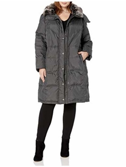 Women's Plus-Size Mid-Length Faux-Fur Collar Down Coat with Hood