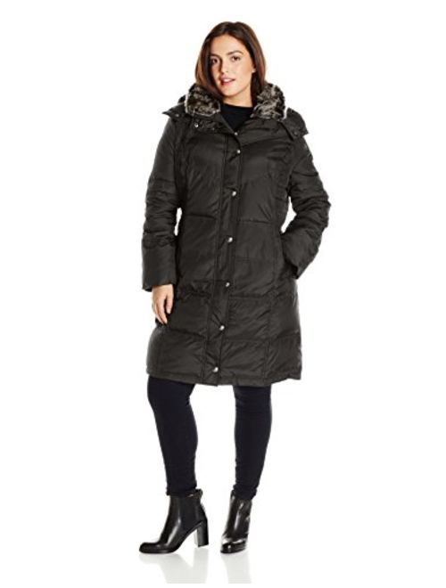 London Fog Women's Plus-Size Mid-Length Faux-Fur Collar Down Coat with Hood