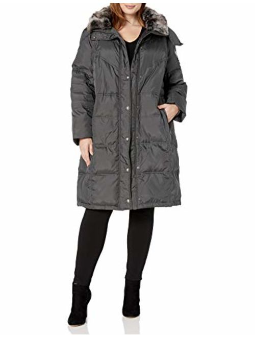 London Fog Women's Plus-Size Mid-Length Faux-Fur Collar Down Coat with Hood