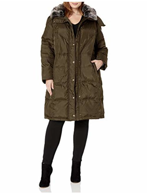 London Fog Women's Plus-Size Mid-Length Faux-Fur Collar Down Coat with Hood