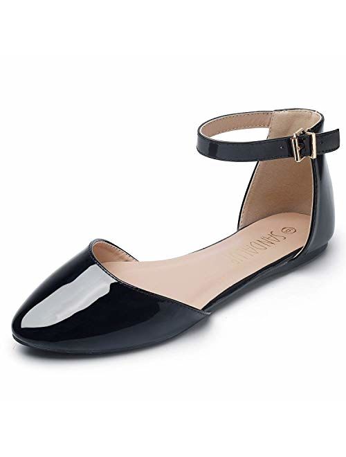 SANDALUP Pointy Toe Flats with Adjustable Ankle Strap Buckle for Women