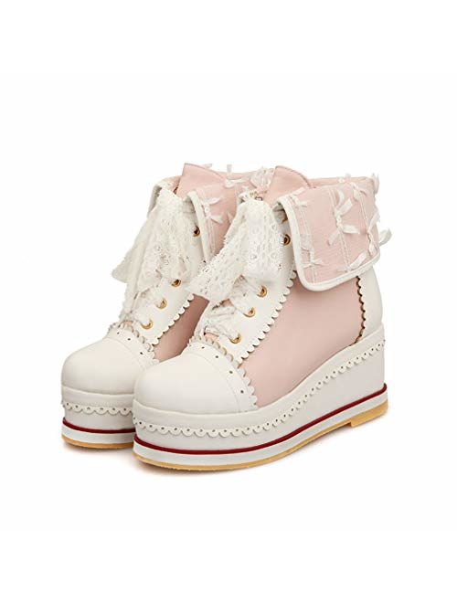 HILIB Women's Cute Lolita Boots Cosplay Brogue Wedge Boots