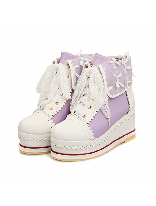 HILIB Women's Cute Lolita Boots Cosplay Brogue Wedge Boots