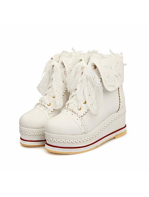 HILIB Women's Cute Lolita Boots Cosplay Brogue Wedge Boots