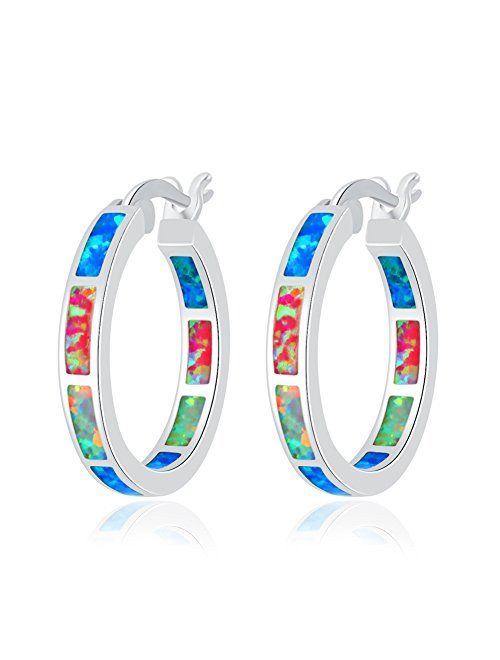 CiNily Sterling Silver Plated Hoop Earrings,Multicolor Opal Small Hoop Earrings for Women Girls Hypoallergenic Jewelry for Sensitive Ears Gemstone Round Hoops 19mm