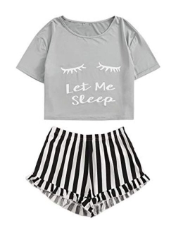 Women's Sleepwear Closed Eyes Print Tee and Shorts Pajama Set