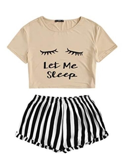 Women's Sleepwear Closed Eyes Print Tee and Shorts Pajama Set