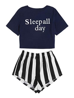 Women's Sleepwear Closed Eyes Print Tee and Shorts Pajama Set