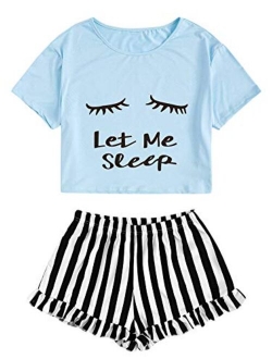 Women's Sleepwear Closed Eyes Print Tee and Shorts Pajama Set